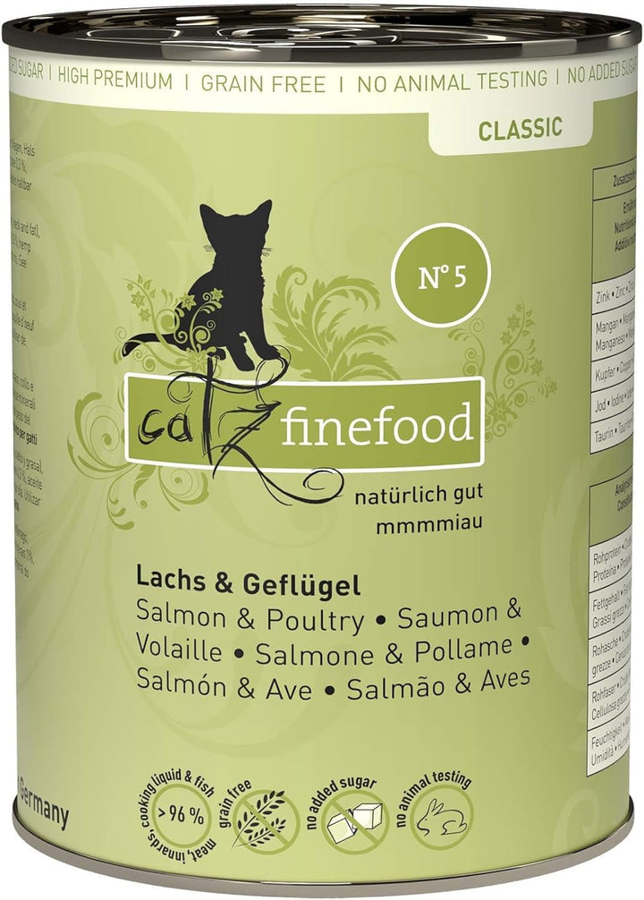 Hrană umedă pentru pisici Catz Finefood Classic N° 5 Salmon & Păsări - Hrană umedă gourmet pentru pisica dvs. fără zahăr și cereale, fără gluten - cu conținut ridicat de carne, fabricată în Germania (6 pungi de 300G)