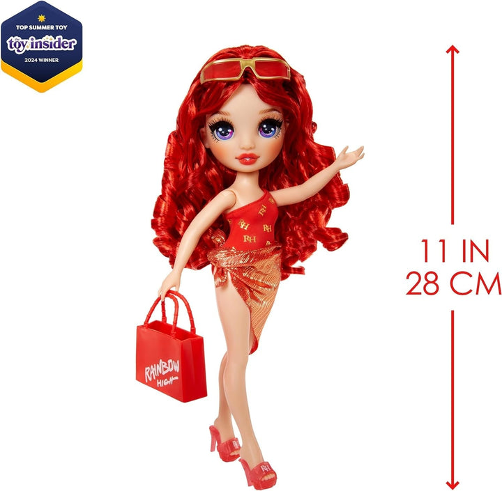 Rainbow High Swim & Style - Ruby (roșu) - păpușă înaltă de 28 cm cu pareo strălucitor, poate fi purtată în 10+ moduri - costum de baie extensibil, sandale, accesorii de joacă - jucărie - ideală pentru 4 până la 12 ani Papusi Naty Shop