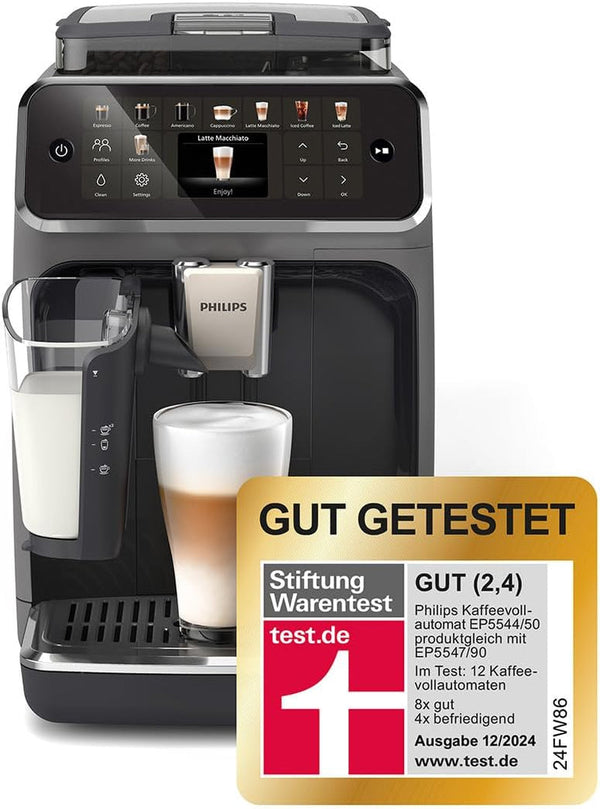 Espressor complet automat Philips seria 5500, inclusiv Latte Go, tehnologie Silent Brew și pornire rapidă. Cafea aromatică din boabe proaspăt măcinate, 20 de băuturi calde și cu gheață, gri (EP5544/50)