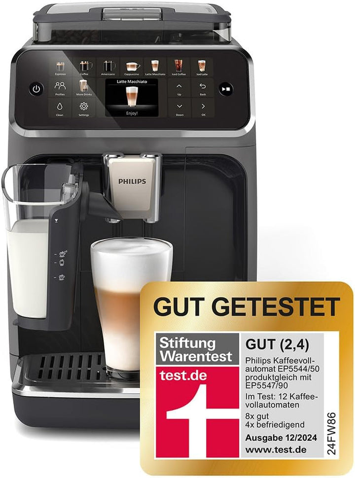 Espressor complet automat Philips seria 5500, inclusiv Latte Go, tehnologie Silent Brew și pornire rapidă. Cafea aromatică din boabe proaspăt măcinate, 20 de băuturi calde și cu gheață, gri (EP5544/50)