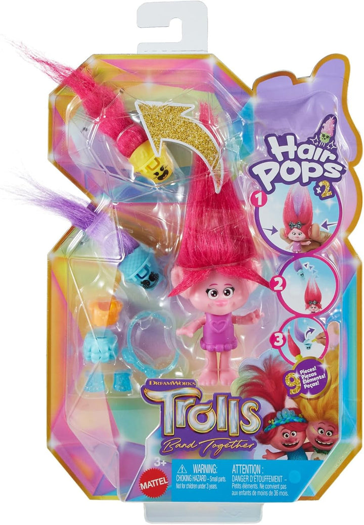 Mattel DREAMWORKS TROLLS Together Strong - Surprize păroase Poppy Queen Poppy, Viva, Branch And Guy Diamond Plush Hair, 2 Surprize păroase, Accesoriu, Pentru copii cu vârsta peste 3 ani, HNF10
