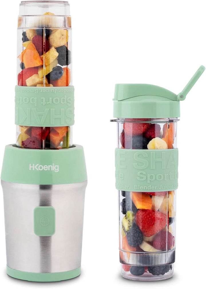 H.Koenig Smoothie Maker SMOO9 - Mini Standmixer - Mini Blender - 300 Watt - 570 Ml - Edelstahl - 2 Kunststofflaschen - Bpa-Frei, Grau