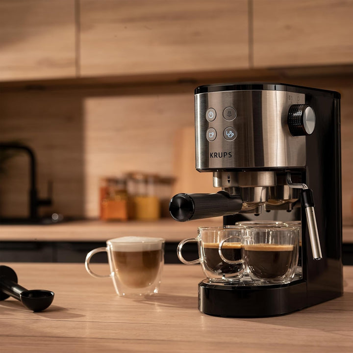 Krups Virtuoso Essential espresso portafilter machine, 15 bar, Aplicații din oțel inoxidabil, Design subțire, Panou de control cu 4 funcții, Incl. accesorii barista, Oțel inoxidabil, XP441810