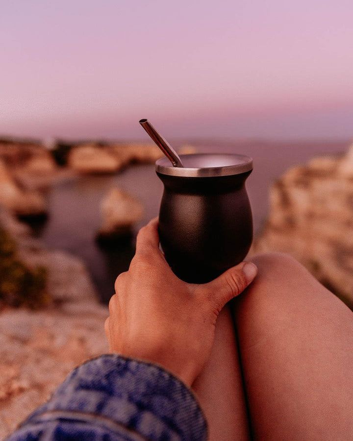 Set ceai Mate Bio ● 3 sortimente de Mate + 2 căni Mate din oțel inoxidabil cu pereți dubli + 2 bombillas + instrucțiuni de preparare (negru)