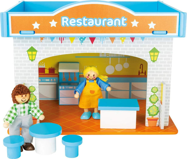 Small Foot 10852 Playhouse Restaurant Fabricat din lemn, Cu 2 figurine pentru păpuși, accesorii și acoperiș detașabil, De la 3 ani