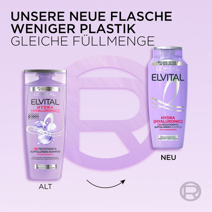 L'Oréal Paris Elvital Hydra Hyaluronic Feuchtigkeitsspendendes XXL Shampoo Für Glänzendes Haar, Hyaluron Shampoo Für Einen Feuchtigkeitsboost & Schutz, Langanhaltende Feuchtigkeit Und Pflege, 1000Ml