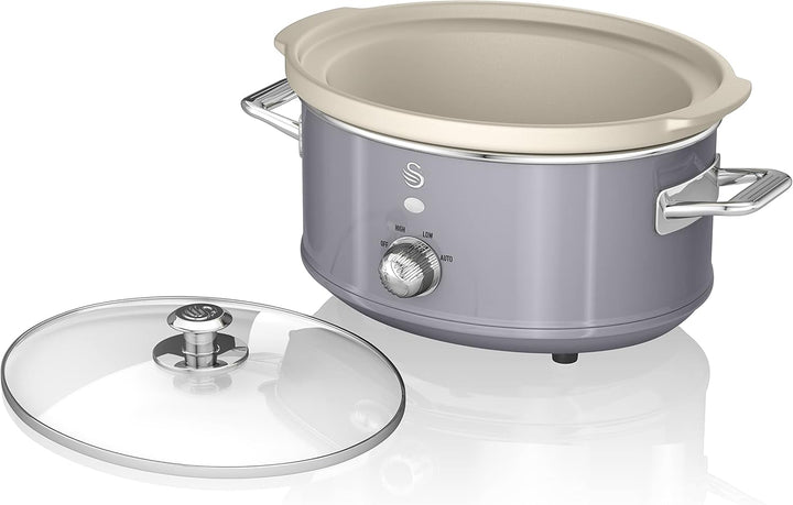 Swan Retro SF17021GRNEU Slow Cooker 3,5L Abnehmbarer Kochbehälter, PFOA- Und Ptfe-Freier Keramischer Antihaft-Behälter, 3 Temperaturstufen, Glasdeckel, Vintage-Design, Grau, 200W