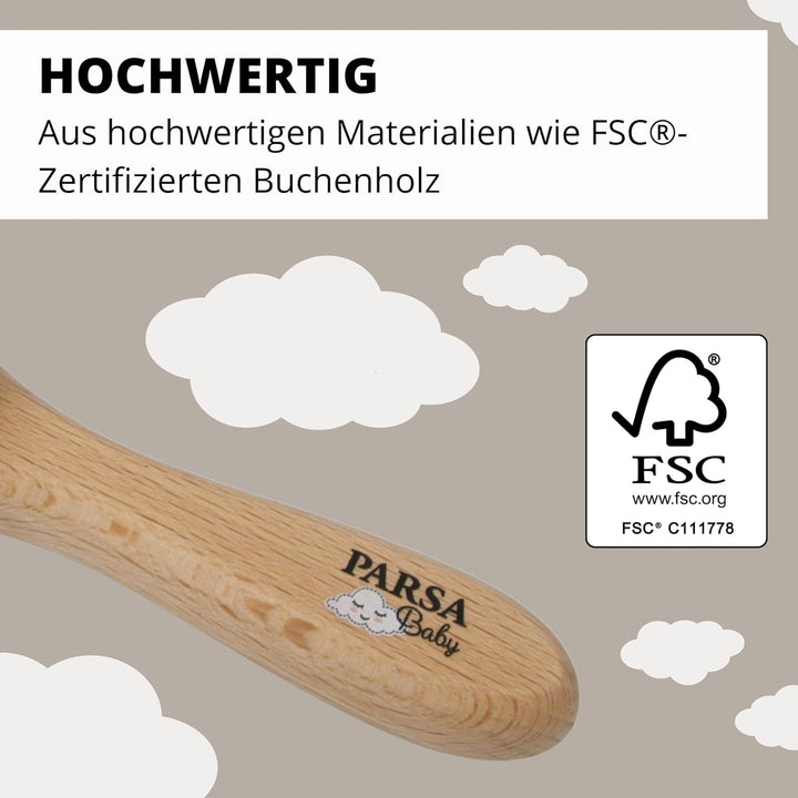 PARSA Beauty perie de păr pentru bebeluși cu păr de capră - perie de păr pentru bebeluși fabricată din lemn de fag certificat FSC® - perie pentru îngrijirea părului fin al bebelușilor - perie pentru bebeluși