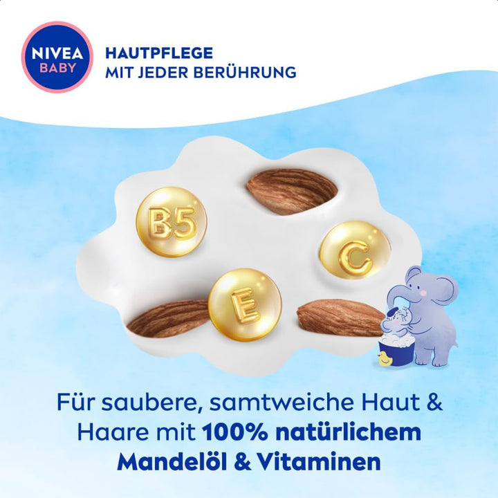 NIVEA BABY head to toe bath & shampoo, șampon blând vegan pentru copii pentru piele și păr cu ulei de migdale, gel de duș relaxant cu formulă hipoalergenică fără parabeni și microplastice (200 ml)