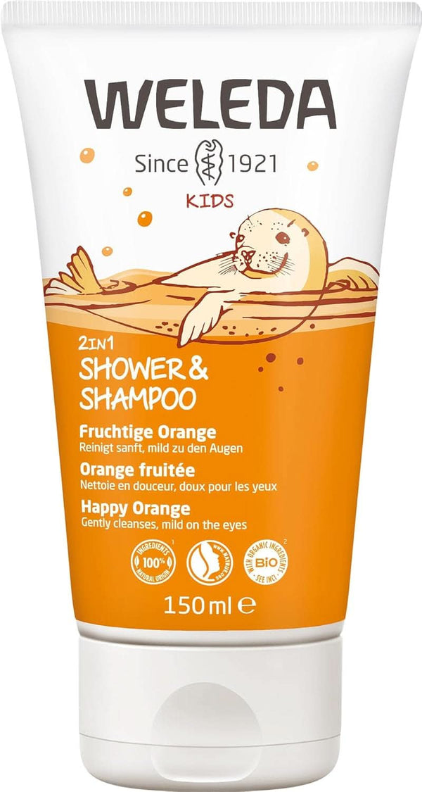 WELEDA Bio Kids 2In1 Shower & Shampoo Fruchtige Orange, Naturkosmetik Duschgel Und Bodylotion Zur Schonenden Reinigung Von Haut Und Haar, Geeignet Für Kinder Ab Drei Jahren (1 X 150 Ml)