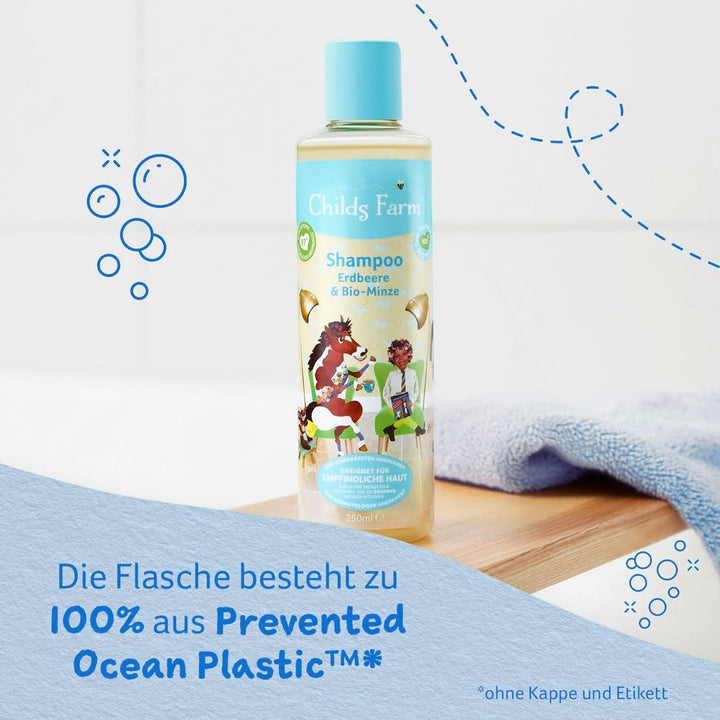 Șampon pentru copii Childs Farm 250 ml | Căpșuni și mentă organică | Toate tipurile de păr | Demontează și hrănește | Potrivit pentru pielea uscată, sensibilă și predispusă la neurodermatită
