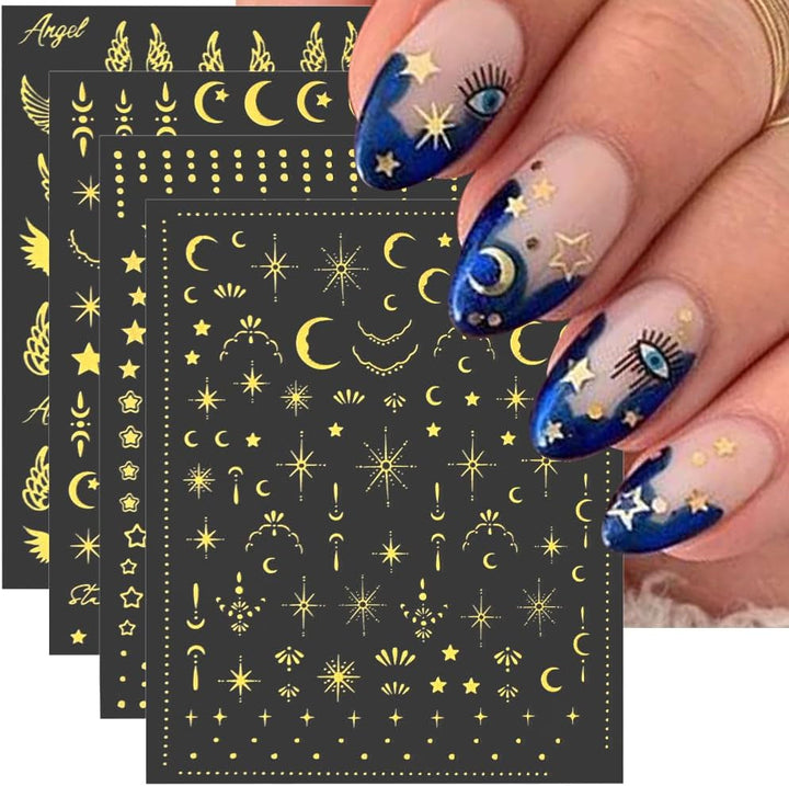 8 coli de autocolante pentru unghii cu stele și lună aurie, aripi de înger, autocolante pentru unghii bronzante, aurii, stele, folie de unghii, autocolante autoadezive pentru unghii, accesorii pentru design unghii, autocolante pentru unghii
