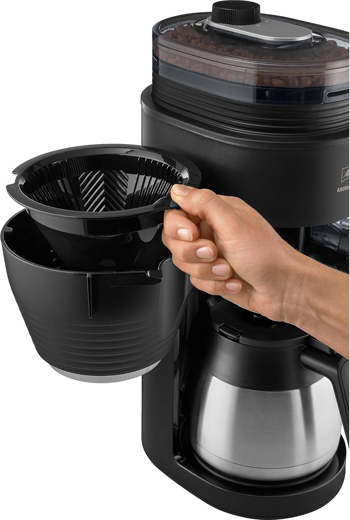 Melitta Aromafresh Therm Pro X - Espressor cu râșniță, espressor cu filtru și vas termic și rezervor de apă detașabil, pentru până la 8 cești de cafea, negru