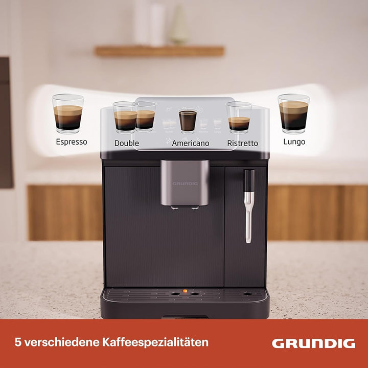 Espressor GRUNDIG KVA 6230 complet automat cu spumator de lapte, râșniță din oțel inoxidabil cu 13 niveluri de măcinare, recipient boabe de 250 g, rezervor de apă detașabil de 2 litri, presiune pompă 19 bar, ecran tactil, negru