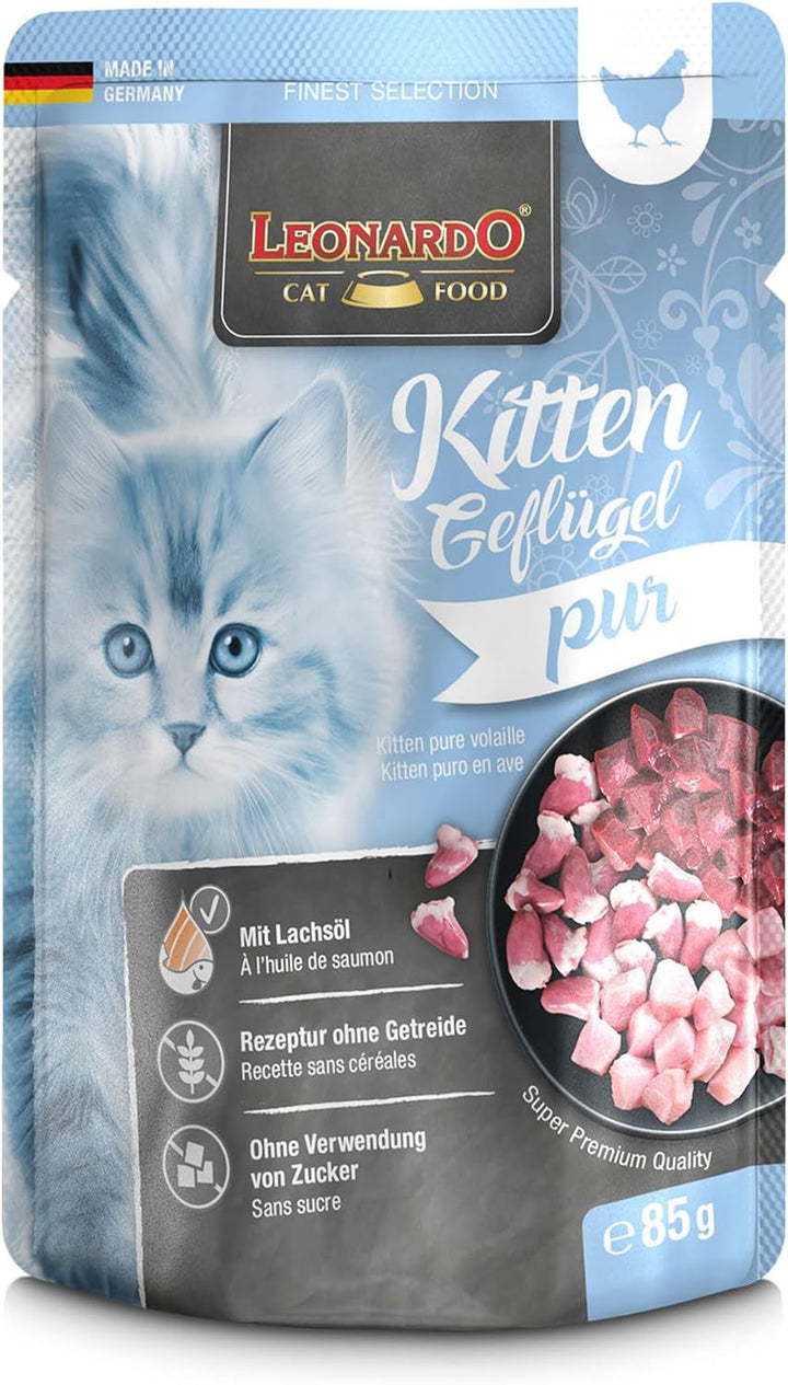 Leonardo Fresh Pouch [16X85G Kitten Poultry] | Hrană umedă fără cereale pentru pisici | Hrană umedă completă în pungă cu porție unică