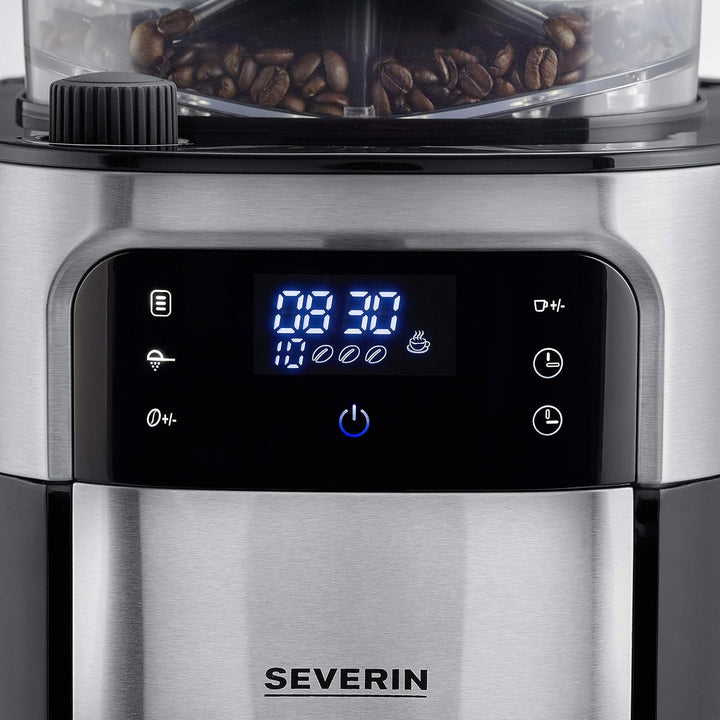 Espressor SEVERIN cu râșniță, espressor cu carafă de sticlă și funcție de cronometru, disponibil și ca espressor la filtru, pentru până la 10 cești de cafea, 1000 wați, negru/oțel inoxidabil, KA 4813