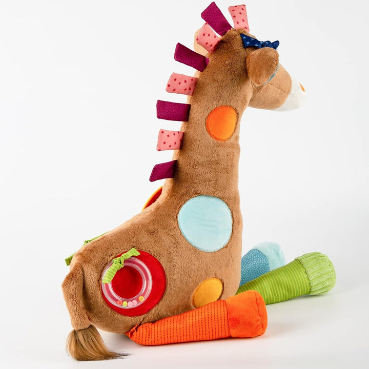 SIGIKID 42863 Jucărie pentru bebeluși girafă XXL, jucărie educativă PlayQ, jucărie de pluș cu inel de dentiție, zornăitor, oglindă, scârțâitor, pentru bebeluși și copii de la 3 luni, multicoloră/girafă 72 cm Jucarii Bebe Naty Shop