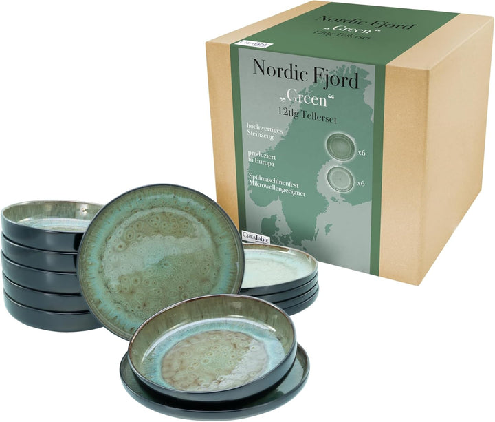 Creatable, 20166, Serie Nordic Fjord Green, 16-Teiliges Geschirrset Für 4 Personen, Kombiservice Aus Steinzeug, Spülmaschinen- Und Mikrowellengeeignet, Qualitätsproduktion