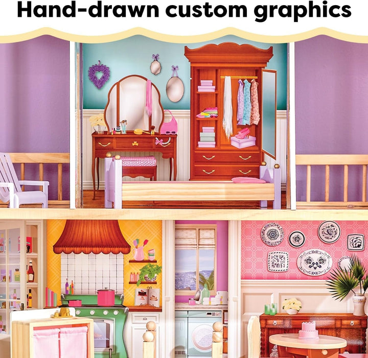 Casă de păpuși din lemn Kidkraft Charlotte cu mobilier și accesorii, casă de păpuși în stil clasic pentru păpuși de 30 cm, jucărie pentru copii de la 3 ani, 65956