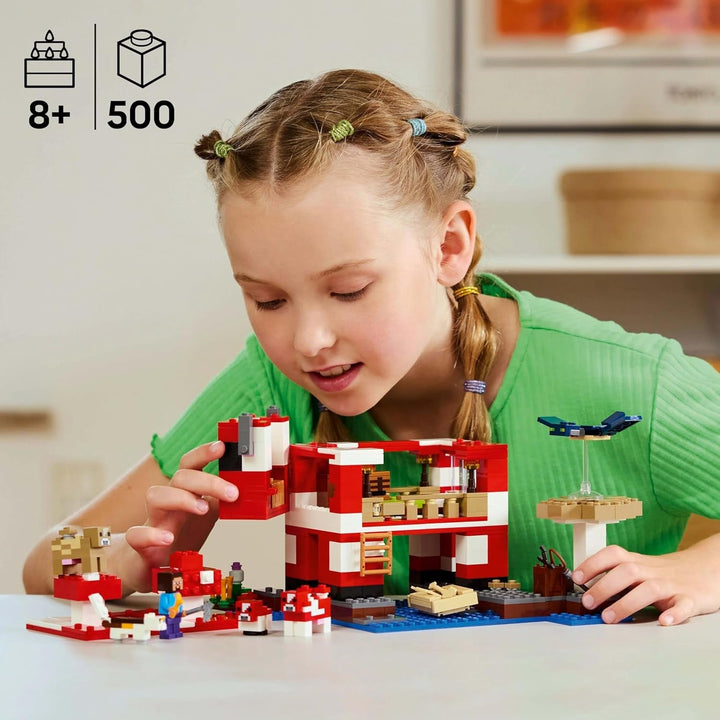 LEGO Minecraft The Mushroom Cow House, jucărie de construit pentru jocul video, model în țara ciupercilor cu minifigurine, Steve și alte personaje, set de joacă pentru băieți și fete de la 8 ani 21270