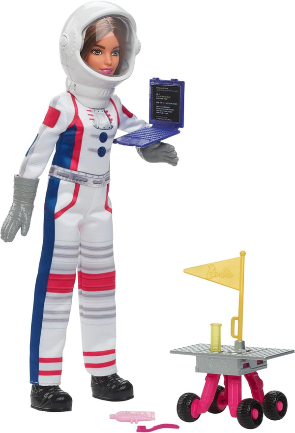 Barbie 65th Anniversary Doll și 10 accesorii, set astronaut cu păpușă brunetă, Rover cu roți, cască spațială cu vizor personalizabil și multe altele, HRG45
