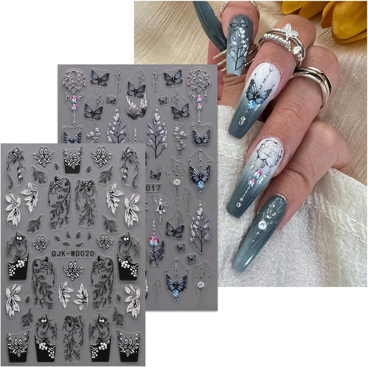JMEOWIO Nagelsticker Schwarz Weiße Blume 6 Blatt Nail Art Sticker Selbstklebend Nagelaufkleber Frühling Sommer Floral Dekoration Nageldesign Zubehör