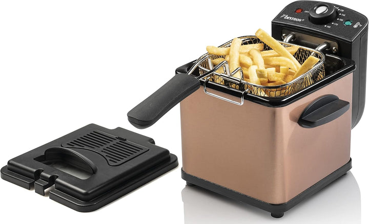 Bestron Öl-Fritteuse, Mini Fritteuse Für 1 Portion Pommes, Fisch Oder Nuggets, Inkl. Kaltzonentechnologie & Temperaturkontrolle Bis 190°C, Mit Edelstahlkorb, Sichtfenster & Ölfilter, Farbe: Kupfer