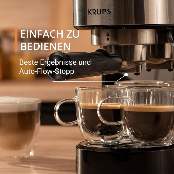 Krups Virtuoso Essential espresso portafilter machine, 15 bar, Aplicații din oțel inoxidabil, Design subțire, Panou de control cu 4 funcții, Incl. accesorii barista, Oțel inoxidabil, XP441810