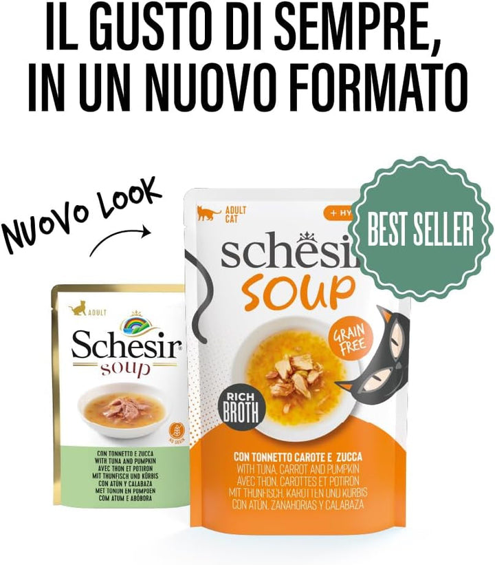 , Supă cu fileuri de ton cu morcovi și dovleac, hrană umedă complementară pentru pisici, rețeta originală, 100% naturală, 12 pungi la 40 G