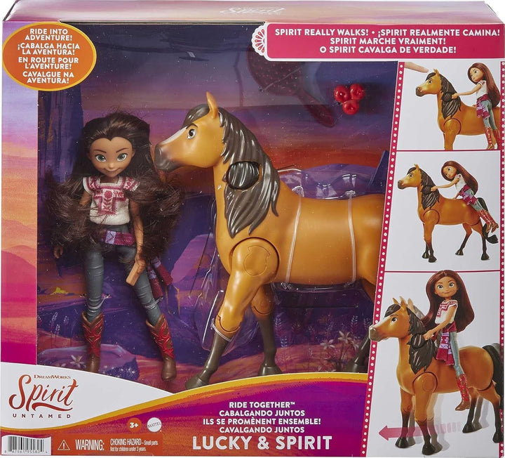 Dreamworks Spirit GXF95 - Set de aventură de călărie cu păpușă Lucky (17,78 cm) și cal Spirit (20,32 cm), jucării pentru vârsta de 3+