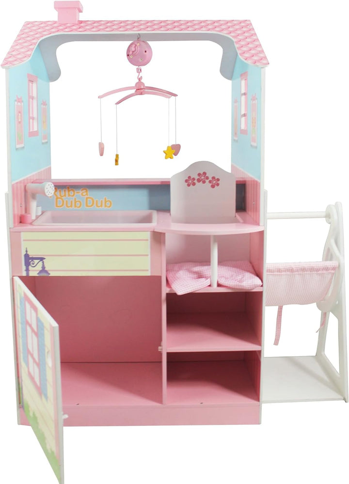 Olivia's Little World 2 En 1 Casă de păpuși și stație de schimbare Masa de schimbare Playset pentru păpuși din lemn cu scaun înalt TD-11460A