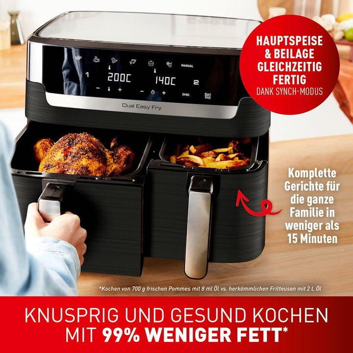 Tefal Dual Easy Fry Heißluftfritteuse Doppelkammer, 5,2/3,1 L Fassungsvermögen, Zwei Unabhängige Schubladen, 7 Programme, Energiesparender Airfryer, Schwarz, EY9018