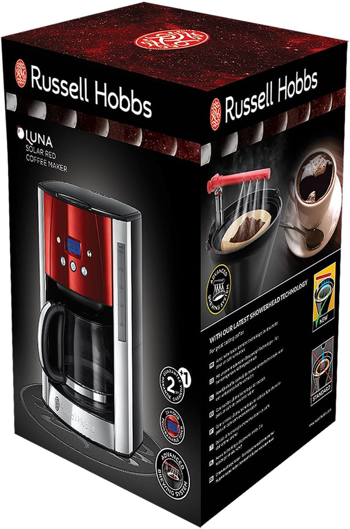 Russell Hobbs 23240-56 Luna Solar Red Digital Glass, Tehnologie cu cap de duș, Sistem de încălzire rapidă, Cafetieră, Oțel inoxidabil/Plastic, 1,5 litri, Roșu