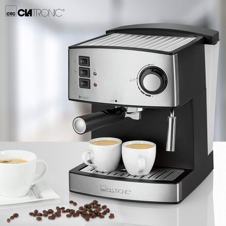 Espressor Clatronic® | Espressor mic de cafea | Presiune pompă 15 bari | Rezervor de apă transparent de 1,6 litri (detașabil) | 2 duze din oțel inoxidabil cu funcții de spumare și apă caldă | 850 wați | ES 3643