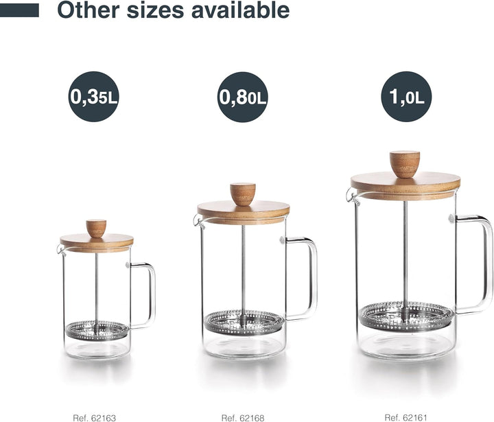 - 62161 - Cafetieră franceză din lemn, Cafetieră cu presă franceză, Filtru din oțel inoxidabil, 8 cești, Oțel inoxidabil și lemn de bambus, 1L