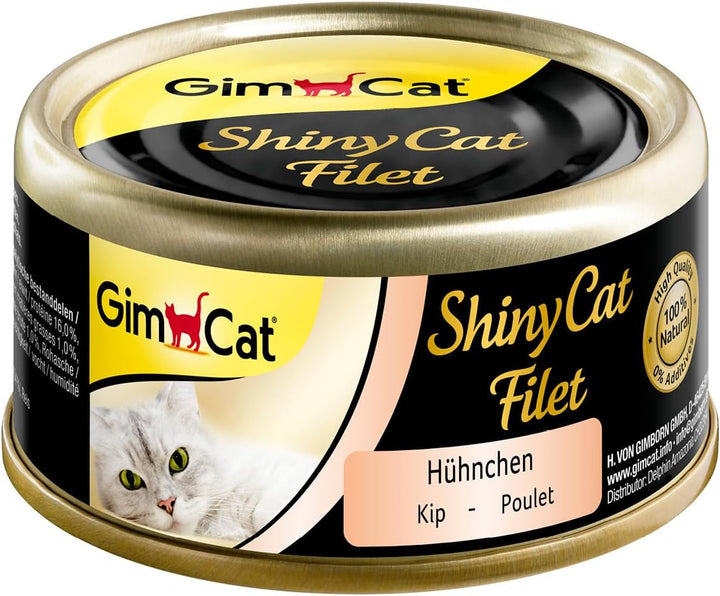 Gimcat Shinycat Fillet Tuna With Salmon - Hrană pentru pisici cu file suculent fără zahăr adăugat pentru pisici adulte - 24 cutii (24 X 70 G)
