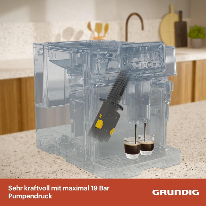Espressor GRUNDIG KVA 6230 complet automat cu spumator de lapte, râșniță din oțel inoxidabil cu 13 niveluri de măcinare, recipient boabe de 250 g, rezervor de apă detașabil de 2 litri, presiune pompă 19 bar, ecran tactil, negru