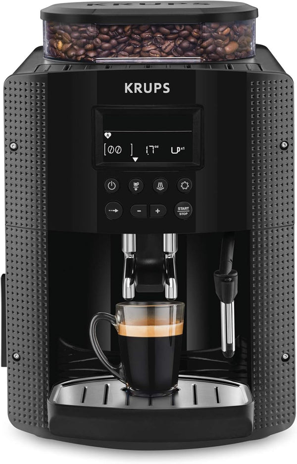 Krups Essential Mașină de cafea Măcinător de boabe Mașină de cafea espresso Afișaj Lcd Curățare automată Capuccino negru Duză de abur YY8135FD