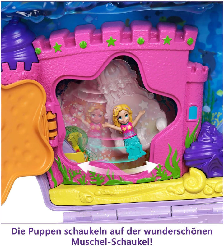 Sicriu Polly Pocket, sac de cochilie pentru înfășurat în jurul temei subacvatice, cu 2 păpuși și 1 submarin, jucărie sirenă Polly Pocket, jucărie de la 4 ani, GNH11
