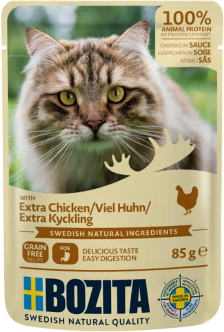 Bozita Pouch Mărunțișuri de hrană umedă în sos cu curcan - 12X85G Portion Pouch Hrană fără cereale și fără grâu pentru pisici - Hrană umedă pentru pisici adulte cu un conținut de 8,5% proteine și 4,5% grăsimi