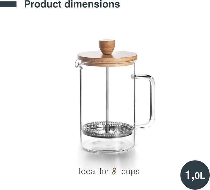 62161 - Cafetieră franceză din lemn, Cafetieră cu presă franceză, Filtru din oțel inoxidabil, 8 cești, Oțel inoxidabil și lemn de bambus, 1L