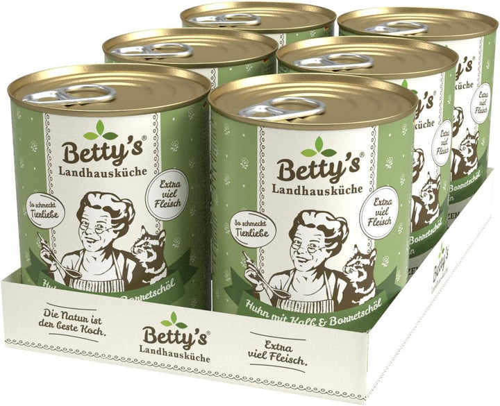 Betty'S Landhausküche cutie de hrană umedă pentru pisici, Fără cereale, Cea mai bună calitate, Carne de înaltă calitate, Gently cooked, Potrivit pentru toate rasele de pisici, Pui și fazan cu ulei de borangic 6 X 200 G