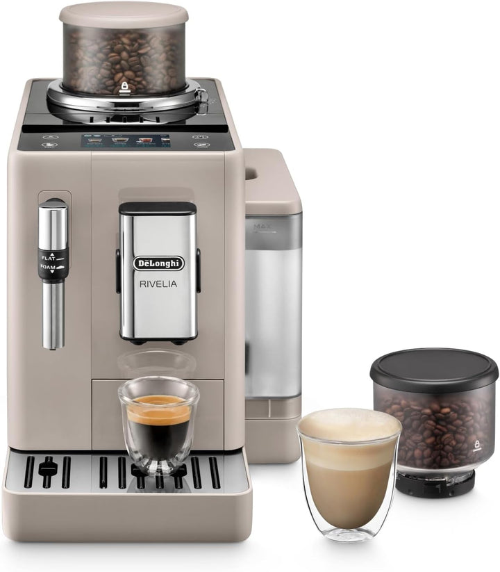De'Longhi Rivelia EXAM440.55.W Aparat de cafea complet automat Cu sistem de lapte Lattecrema, container de boabe interschimbabil, 16 băuturi de cafea și lapte la apăsarea unui buton, funcție extra shot, ecran tactil de 3,5", alb