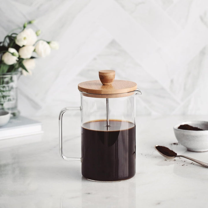 - 62161 - Cafetieră franceză din lemn, Cafetieră cu presă franceză, Filtru din oțel inoxidabil, 8 cești, Oțel inoxidabil și lemn de bambus, 1L