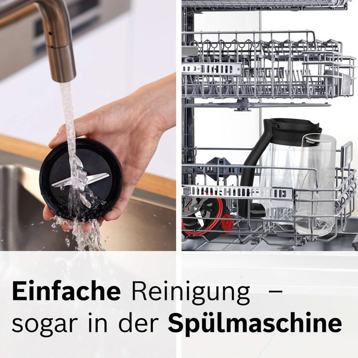 Bosch Standmixer Vitapower Serie 4 MMB6177S, Edelstahl-Klingen Made in Germany, 1,5L Thermosafe Glasbehälter, 0,6L To-Go-Flasche, Stopfer, Universalzerkleinerer, 30,000 U/Min, 1200 W, Silber