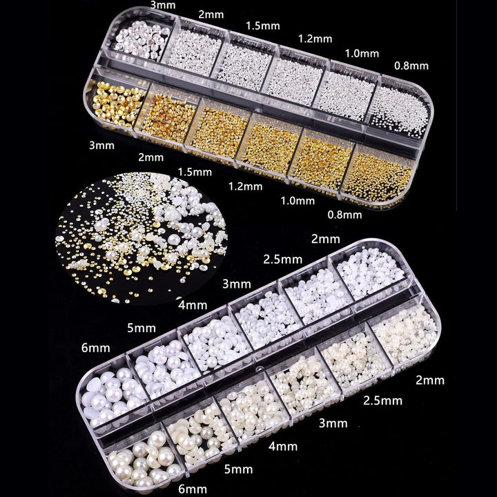 Set de 4 cutii pentru brelocuri pentru unghii - 48 de tipuri de brelocuri 3D aurii și argintii pentru unghii (fluturi, flori, perle etc.) + pensetă și stilou - pentru unghii cu gel și acrilice DIY | Ideal pentru salon de unghii și acasă