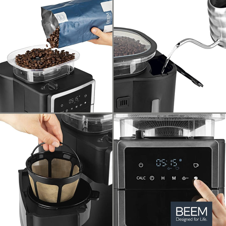 Espressor cu filtru BEEM FRESH-AROMA-PERFECT III cu râșniță - Thermo | Oțel inoxidabil | Cu vas izolat și funcție Aroma Plus | Filtru permanent și temporizator de 24 de ore | 1000 W | Până la 10 cești