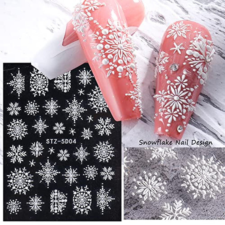 4 Blatt 3D Nagelsticker Weihnachten Nagelaufkleber Christmas 5D Stereoskopisch Selbstklebend Schneeflocke Schneemann Nail Art Sticker Dekoration Nageldesign Zubehör