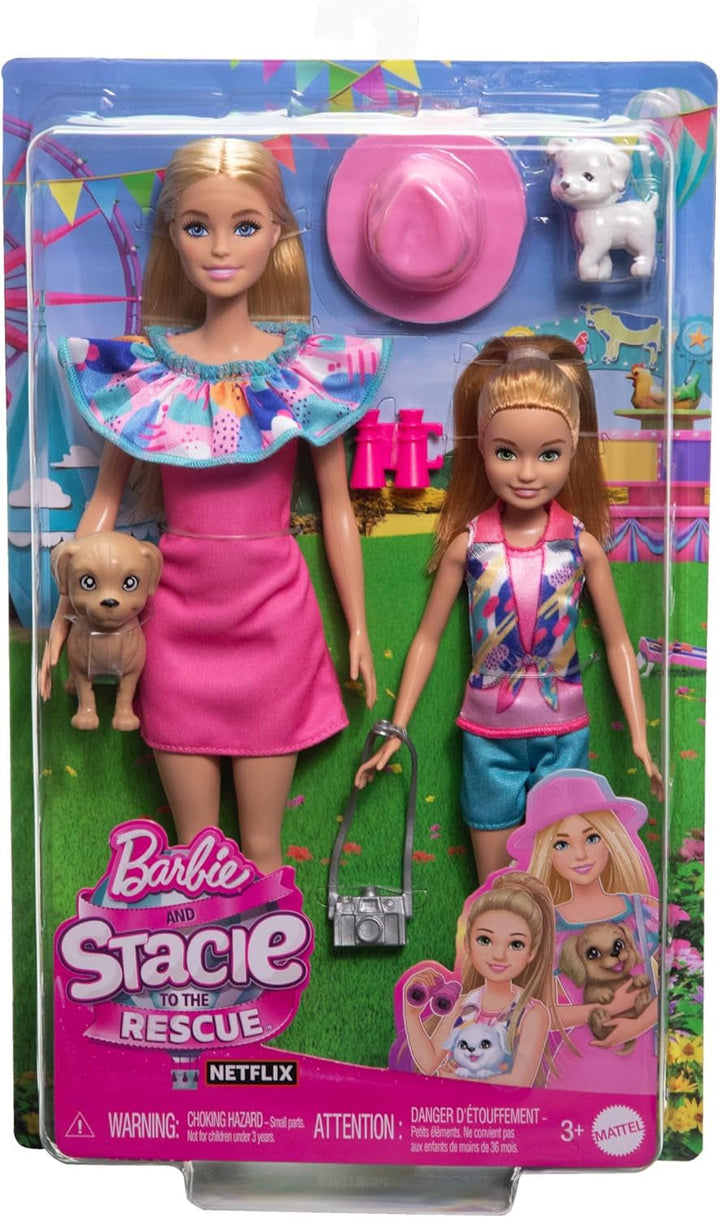 Barbie și sora mai mică Stacie - Asigură aventurile fraților în haine de vară și accesorii, inclusiv aparat de fotografiat, binoclu, pălărie de vară și două pălării mici, pentru copii de la 3 ani, HRM09