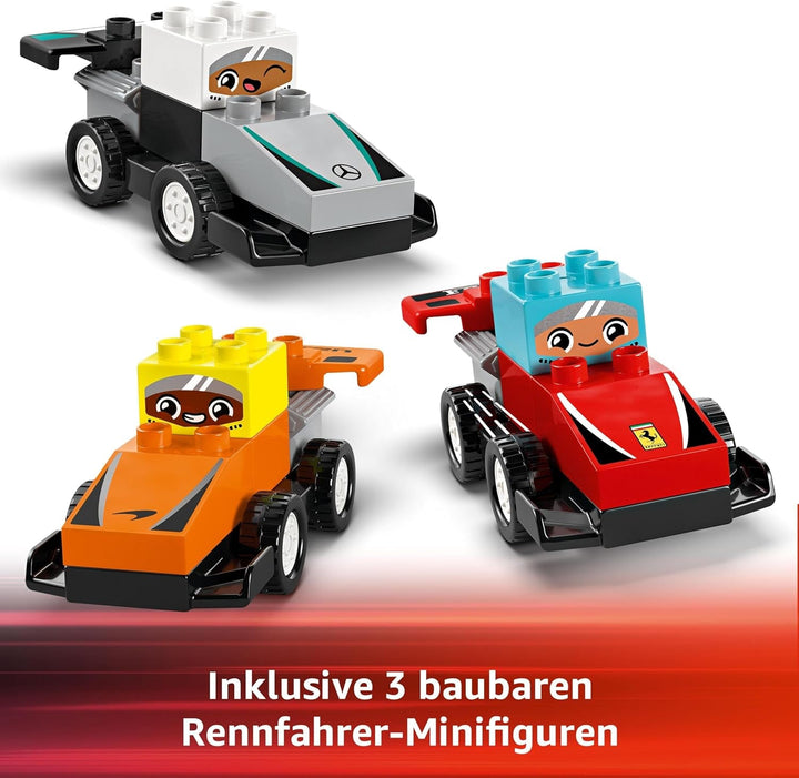 LEGO DUPLO Town F1 Team Race Cars With Racers, jucărie de construit pentru întreaga familie, experiență de joacă imaginativă, cadou de ziua de naștere pentru copii mici, băieți și fete de la 2 ani 10445